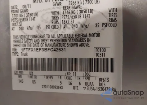 2011 Ford F-150 Xlt from USA, damaged, VIN 1FTFX1EF3BFC42631